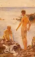 Boys bathing on rocks (1921)