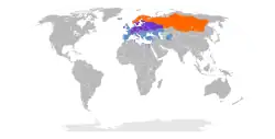 modře: výskyt pouze mimo období hnízdění, oranžově: výskyt pouze v období hnízdění, fialově: oblast trvalého výskytu (celoročně)
