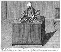 Mědirytina Turka v knize Karla Gottlieba von Windisch Briefe über den Schachspieler von Kempelen nebst drey Kupferstichen die diese berühmte Maschine vorsstellen z roku 1783