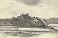 kresba tvrziště ve Vrapicích od malíře Karla Liebschera (kolem r. 1890)