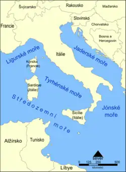 mapa oblasti Tyrhénského moře