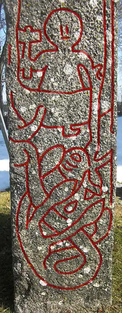 Thór v rybářské lodi loví Jörmungandra, kamenná stéla, švédská Altuna