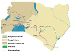 Britská východní Afrika v období 1890 až 1920 s maximálním rozsahem úzkokolejné železniční sítě