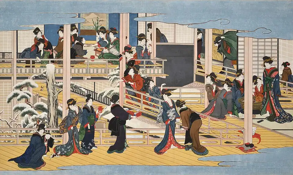 Sníh ve Fukagawě, obraz elegantně oblečených japonských žen v různých budovách v zimě