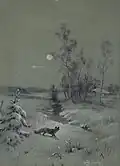 Liška v noční krajině (kvaš na papíře) datováno 1910