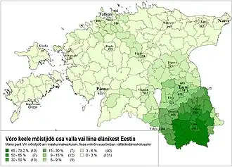 mapa rozšíření jazyka v rámci Estonska
