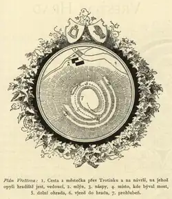 Půdorys hradu Vřešťova (A. Sedláček: Hrady, zámky a tvrze království Českého, Díl 2., 1883)