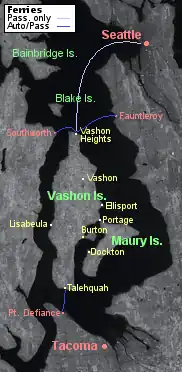 Mapa jižního Pugetova zálivu ukazující i Mauryho ostrov