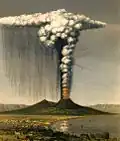 Erupce Vesuvu roku 1822. Kresba zachycuje sopečný spad i vulkanické blesky.