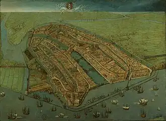 Pohled na Amsterodam z ptačí perspektivy, olej na plátně, 116 cm x 159 cm, 1538, Amsterdam Museum, Holandsko