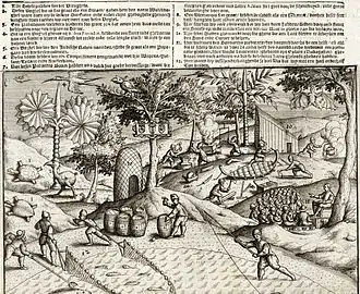 Černobílá rytina znázorňující holandské osadníky na Mauriciu v roce 1601; zachycuje kopcovitou krajinu s mnoha různými exotickými stromy, s osadníky a jejich rozličnými činnostmi, a také se zvířaty ostrova – mezi nimi je zobrazen i dronte