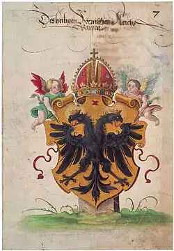 Orel ve znaku Svaté říše římské, ilustrace z nákladného rukopisu kolem roku 1540