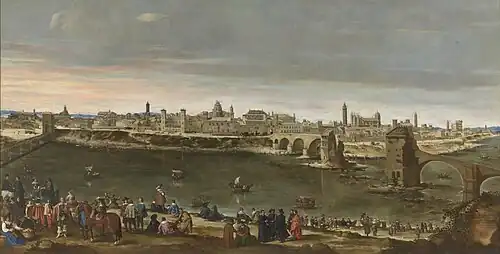 Most poničený povodní na obraze barokního malíře Juana Bautista Martíneze del Mazo z roku 1647