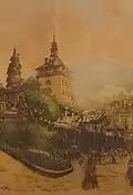 Zámecká věž a tržní kolonáda v historickém centru Karlových Varů