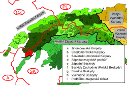 Myjavská pahorkatina v rámci Vnějších Západních Karpat, vyznačena červeně