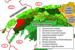 Vizovická vrchovina v rámci Vnějších Západních Karpat, vyznačena červeně
