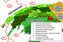 Levočské vrchy v rámci Karpat, vyznačeny červeně