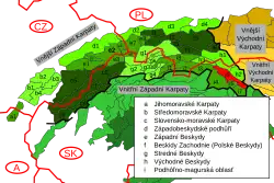 Spišsko-šarišské medzihorie v rámci Karpat, vyznačené červeně