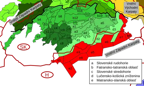 Cerová vrchovina v Matransko-slanské oblasti, vyznačené červeně e3