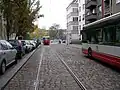 Pohled z Vodárenské ulice směr výjezd ze smyčky