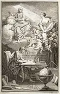 Frontispis Voltairova díla Základy Newtonovy filozofie z roku 1738 (Émilie du Châtelet jako múza)