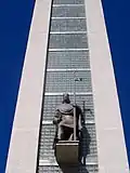 Detail věže kostela se sochou svatého Václava