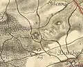 I. vojenské mapování, na kterém je severně od kostela sv. Mikuláše vidět oválné tvrziště (r. 1780)