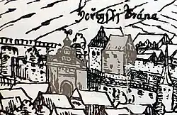 Vyobrazení Horní brány na vedutě Jana Willenberga z roku 1602
