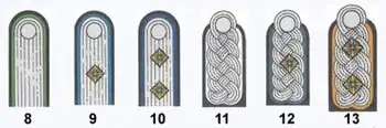 8 = Leutnant der Schutzpolizei 9 = Oberarzt der Polizei 10 = Stabsarzt der Polizei 11 = Regierungsrat 12 = Oberfeldarzt der Polizei 13 = Oberst der Gendarmerie
