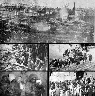 Nahoře: zničené město Erzurum; uprostřed vlevo: Rusové v bitvě u Sarikamiše; uprostřed vpravo: osmanské jednotky; vlevo dole: muslimští uprchlíci; vpravo dole: arménští uprchlíci