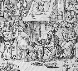 Hieronymus Bosch, scéna s pekařkou a formou na oplatky (Fastnachtsszene mit Waffelbäckerin)