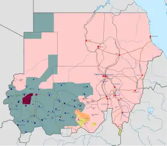 Průběžně aktualizovaná mapa vojenské situace v Súdánu      Kontrolováno súdánskou armádou a spojenci      Kontrolováno Jednotkami rychlé podpory      Kontrolováno SPLM-N (al-Hilu)      Kontrolováno SLM (al-Nur)