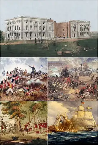 Kapitol Spojených států amerických po vypálení Brity, Bitva u New Orleans, Bitva na Queenston Heights, Tecumsehova smrt v roce 1813, USS Constitution proti HMS Guerriere