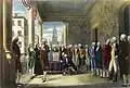 Olejová malba zobrazující událost Washingtonovy přísahy z 30. dubna roku 1789.