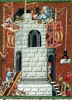 Stavba Babylónské věže, ilustrace z Bible Václava IV. z let 1390-1400, která zobrazuje stavební technologii konce 14. století.