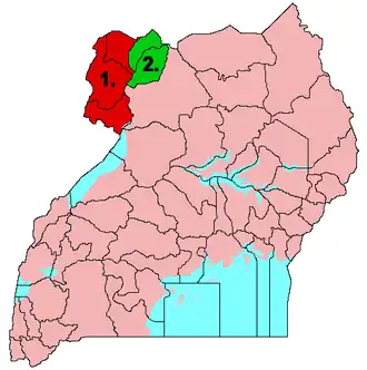 Region West Nile, kde se alurština používá, vyznačený na mapě Ugandy