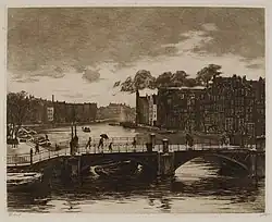 Amstel a most Halvemaansbrug a napravo čísla 84 až 120 kolem roku 1906
