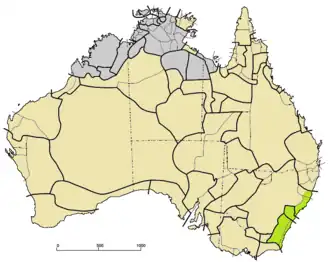 Yuin-kurické jazyky vyznačeny zeleně na mapě Austrálie