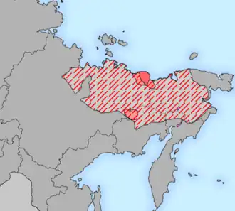 Pravděpodobné rozšíření jukagirských jazyků v 17. století (šrafovaně) a dnes (souvisle vybarveno).