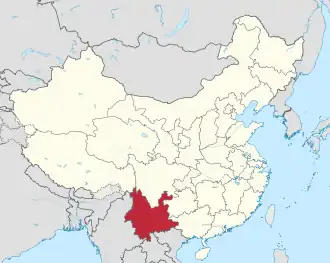 Provincie Jün-nan (červeně) v Čínské lidové republice