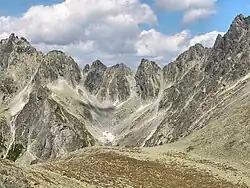 Zleva Zlobivá, Záp. Žel. štít, Malá, Prostredná a Hrubá Snežná kopa, Východná Železná brána, Východný Železný štít, Popradský Ľadový štít a špičatý Drúk.