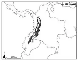 mapa rozšíření (detail Ekvádoru a Kolumbie)