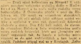 Část článku o pogromu v Holešově v Národních listech ze 7. prosince 1918, vinící z události české bolševiky