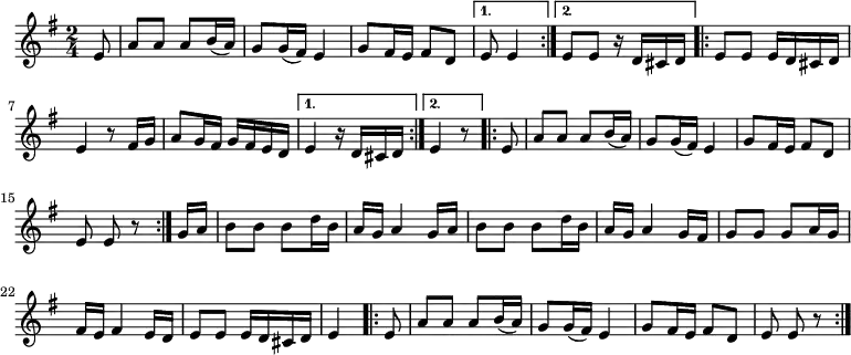\relative c' {
\key e \minor
\time 2/4
\repeat volta 2 {
\partial 8
e8 a a a b16( a)
g8 g16( fis) e4
g8 fis16 e fis8 d
}
\alternative {
{\partial 4. e8 e4}
{e8 e r16 d cis d}
}
\repeat volta 2 {
e8 e e16 d cis d
e4 r8 fis16 g
a8 g16 fis g fis e d
}
\alternative {
{e4 r16 d cis d}
{\partial 4. e4 r8}
}
\repeat volta 2 {
\partial 8
e8 a a a b16( a)
g8 g16( fis) e4
g8 fis16 e fis8 d
\partial 4. e e r
}
\partial 8
g16 a b8 b b d16 b
a g a4 g16 a
b8 b b d16 b
a g a4 g16 fis
g8 g g a16 g
fis e fis4 e16 d
e8 e e16 d cis d
\partial 4. e4
\repeat volta 2 {
\partial 8
e8 a a a b16( a)
g8 g16( fis) e4
g8 fis16 e fis8 d
\partial 4. e e r
}
}