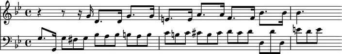 
<<
 \relative g'{
  \time 4/4
  \key g \minor
  \clef treble
  r4 r8 r16 g d8. d16 g8. g16 e8. e16 a8. a16 f8. f16 bes8. bes16 bes4.
 }
 \relative g{
  \time 4/4
  \key g \minor
  \clef bass
  \override TupletNumber #'stencil = ##f
  g8. g,16 \times 2/3 {g'8[ fis g]} \times 2/3 {bes[ a bes]} \times 2/3 {b[ a b]}
  \times 2/3 {c[ b c]} \times 2/3 {cis[ b cis]} \times 2/3 {d[ cis d]} \times 2/3 {d,[ d' d,]}
   \times 2/3 {e'[ d e]} s8
 }
>>
